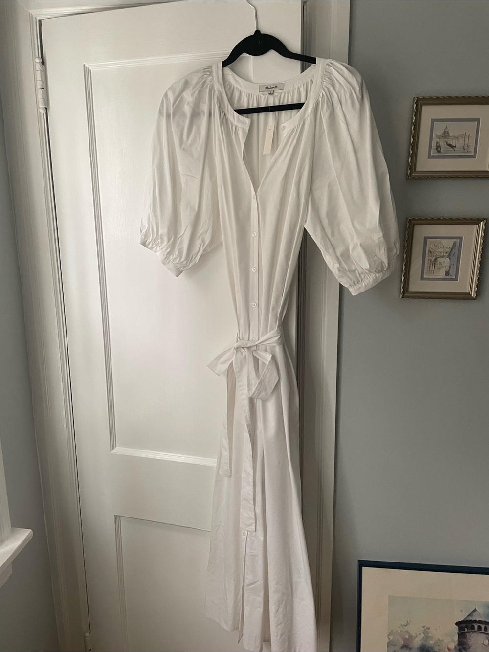NWT Madewell white Button-Front Midi Dress with Self Tie